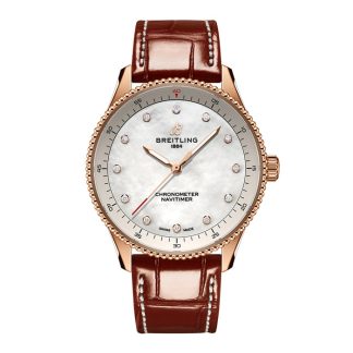 Breitling Navitimer 32mm Ladies Watch White Mother Of Pearl Alligator 18k Red Gold R77320E61A1P1