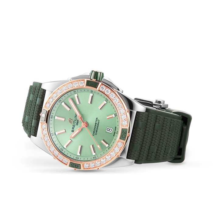 Montre Breitling Super Chronomat Automatic 38 Acier inoxydable vert et bracelet caoutchouc or rose 18ct U17356531L1S1 – Image 3