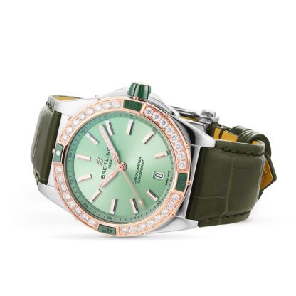 Montre Breitling Super Chronomat Automatic 38 en acier inoxydable vert et bracelet en cuir or rose 18ct U17356531L1P1 – Image 3