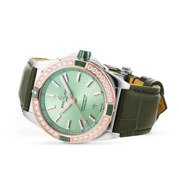 Montre Breitling Super Chronomat Automatic 38 en acier inoxydable vert et bracelet en cuir or rose 18ct U17356531L1P1 – Image 3