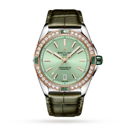 Montre Breitling Super Chronomat Automatic 38 en acier inoxydable vert et bracelet en cuir or rose 18ct U17356531L1P1