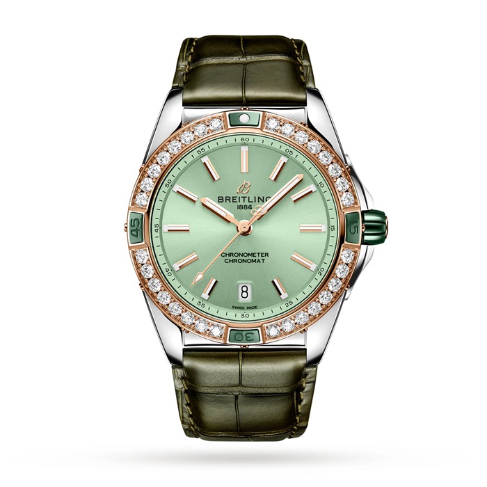 Montre Breitling Super Chronomat Automatic 38 en acier inoxydable vert et bracelet en cuir or rose 18ct U17356531L1P1
