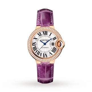 Montre Cartier Ballon Bleu De Cartier 33mm Mouvement Automatique Or Rose Diamants Cuir WE902066