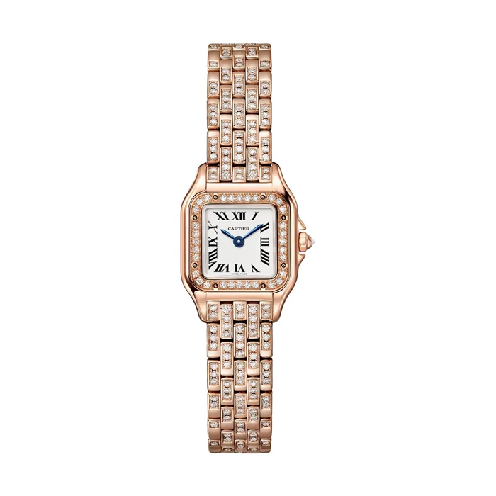 Montre Cartier Panthère de Cartier modèle mini mouvement à quartz Boîtier en or rose 750/1000 serti de 32 diamants taille brillant totalisant 0,15 carats Dimensions 25 mm x 20 mm WJPN0063