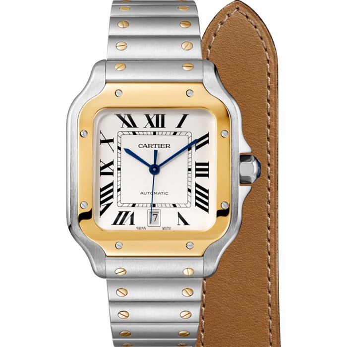 Montre Cartier Santos De Cartier Grand Modèle Mouvement Automatique Or Jaune Acier Bracelets métal et cuir interchangeables W2SA0009 – Image 2