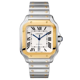 Montre Cartier Santos De Cartier Grand Modèle Mouvement Automatique Or Jaune Acier Bracelets métal et cuir interchangeables W2SA0009