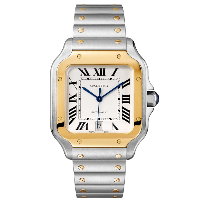 Montre Cartier Santos De Cartier Grand Modèle Mouvement Automatique Or Jaune Acier Bracelets métal et cuir interchangeables W2SA0009