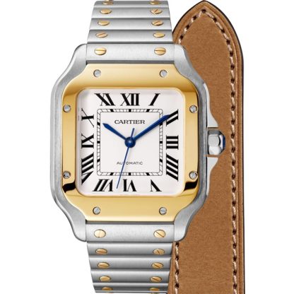 Montre Cartier Santos De Cartier Modèle Moyen Mouvement Automatique Or Jaune Acier Bracelets métal et cuir interchangeables W2SA0016 – Image 3