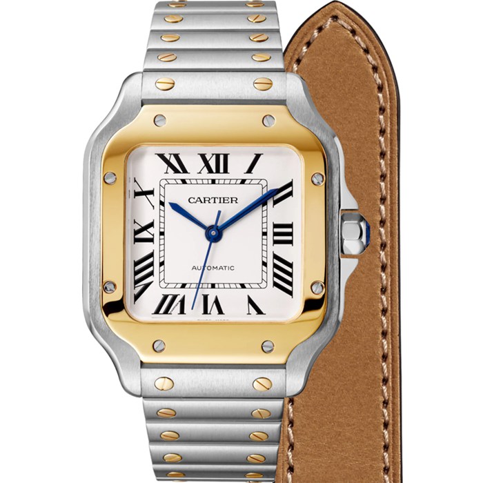 Montre Cartier Santos De Cartier Modèle Moyen Mouvement Automatique Or Jaune Acier Bracelets métal et cuir interchangeables W2SA0016 – Image 3
