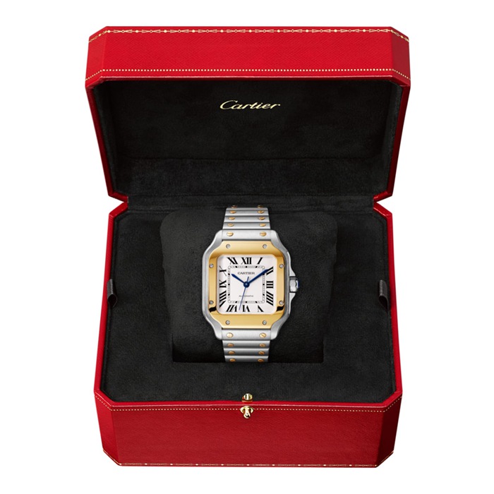 Montre Cartier Santos De Cartier Modèle Moyen Mouvement Automatique Or Jaune Acier Bracelets métal et cuir interchangeables W2SA0016 – Image 4