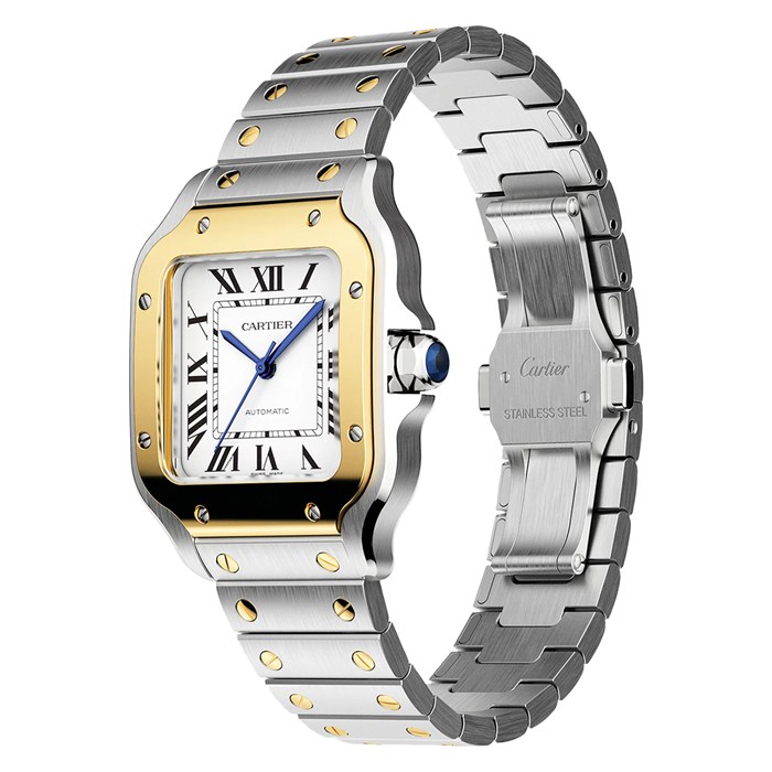 Montre Cartier Santos De Cartier Modèle Moyen Mouvement Automatique Or Jaune Acier Bracelets métal et cuir interchangeables W2SA0016 – Image 5