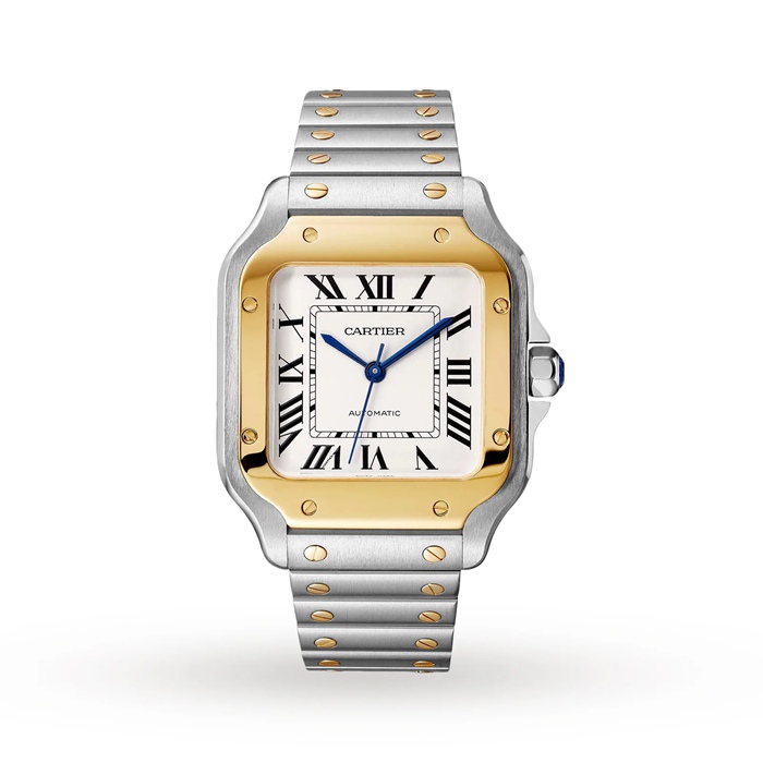 Montre Cartier Santos De Cartier Modèle Moyen Mouvement Automatique Or Jaune Acier Bracelets métal et cuir interchangeables W2SA0016