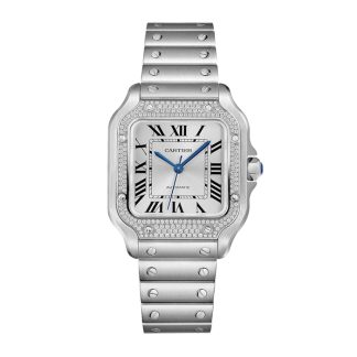 Montre Cartier Santos De Cartier Modèle moyen Automatique Acier Diamants Bracelets métal et cuir interchangeables W4SA0005