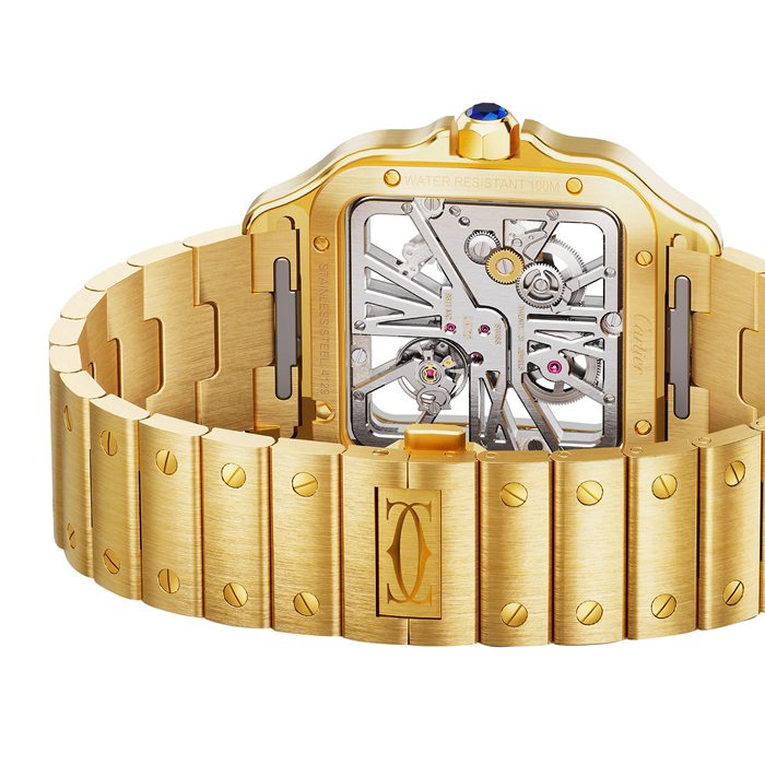 Montre Cartier Santos De Cartier Skeleton Grand modèle Mouvement mécanique squelette à remontage manuel 9612 MC Or jaune WHSA0042 – Image 5