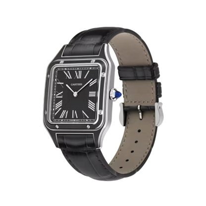 Montre Cartier Santos-Dumont Grand Modèle Mouvement Manuel Mécanique Acier Laqué Cuir WSSA0046 – Image 2