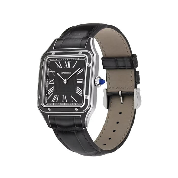 Montre Cartier Santos-Dumont Grand Modèle Mouvement Manuel Mécanique Acier Laqué Cuir WSSA0046 – Image 2