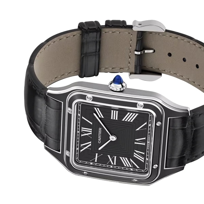 Montre Cartier Santos-Dumont Grand Modèle Mouvement Manuel Mécanique Acier Laqué Cuir WSSA0046 – Image 5