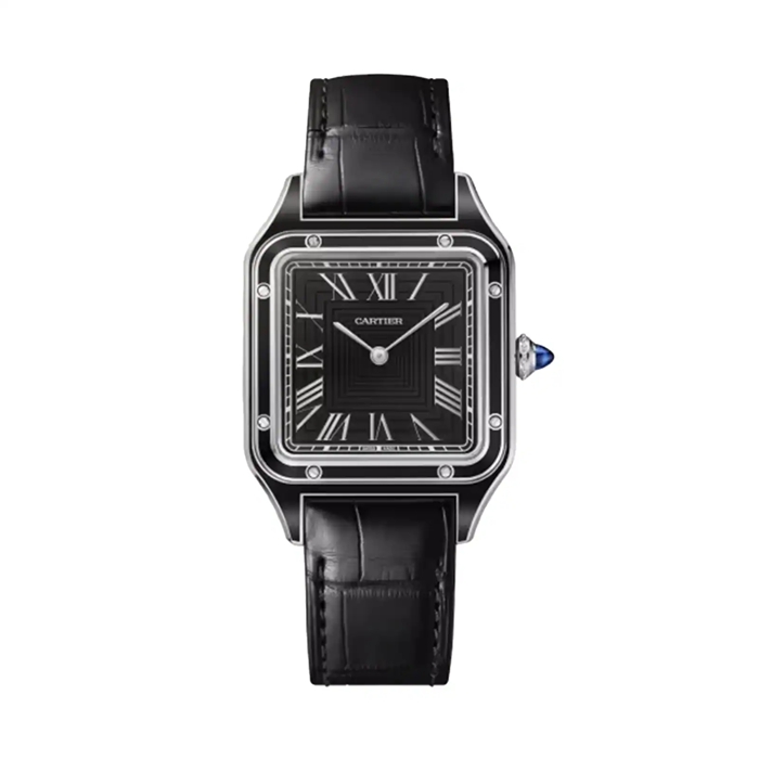 Montre Cartier Santos-Dumont Grand Modèle Mouvement Manuel Mécanique Acier Laqué Cuir WSSA0046