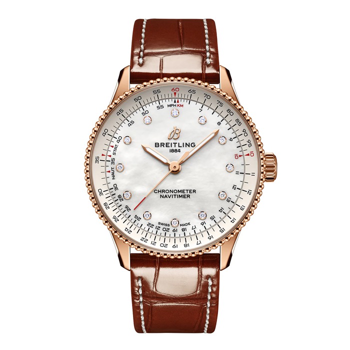Montre Femme Breitling Navitimer 36mm Blanc Nacre Alligator 18k Or Rouge R17327211A1P1