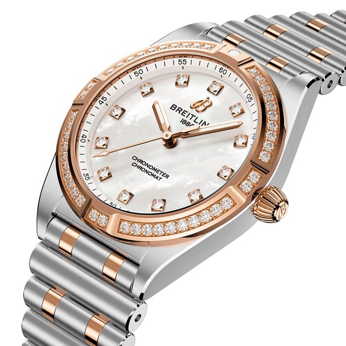 Montre femme Breitling Chronomat en acier inoxydable et or rouge 18k 28mm Mother Of Pearl U72310531A1U1 – Image 2
