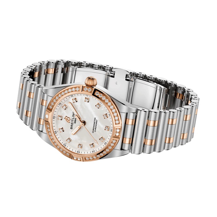 Montre femme Breitling Chronomat en acier inoxydable et or rouge 18k 28mm Mother Of Pearl U72310531A1U1 – Image 3