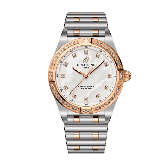 Montre femme Breitling Chronomat en acier inoxydable et or rouge 18k 28mm Mother Of Pearl U72310531A1U1