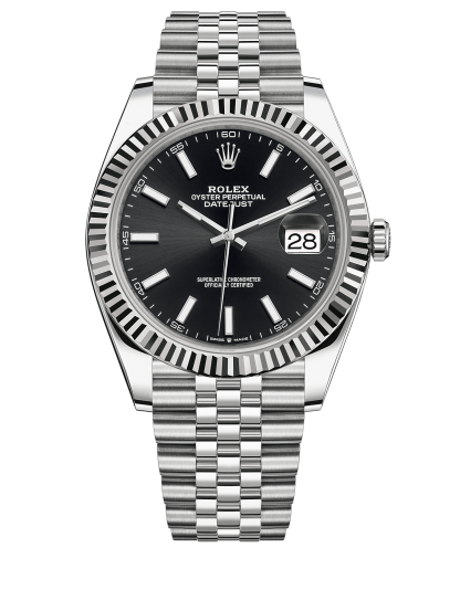 Réplique Rolex Datejust 41 Or blanc/Acier Cadran noir Lunette cannelée 126334 Jubilee