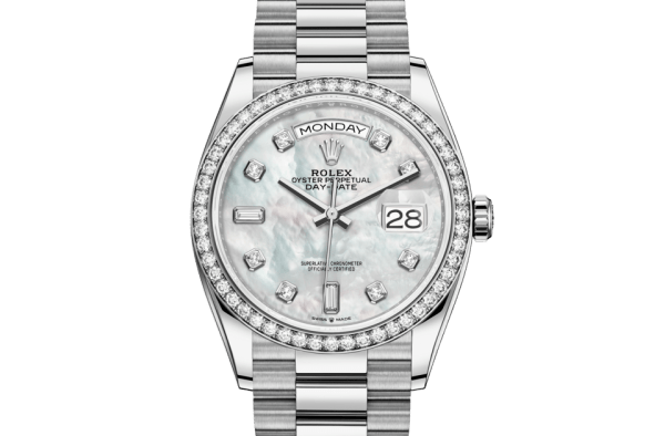 Réplique Rolex Day-Date 36 Oyster 36 mm or blanc et diamants 128349RBR
