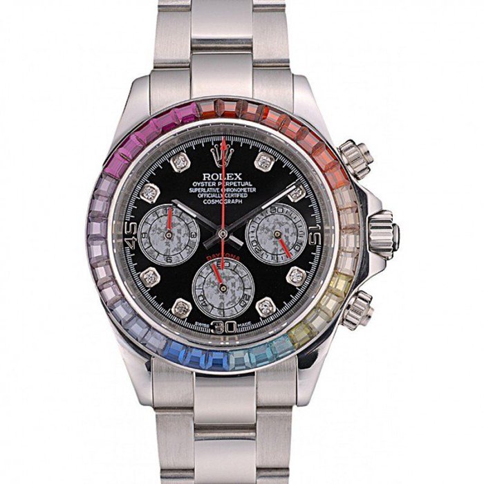 Réplique Rolex Daytona Cosmograph Lunette Cristaux Arc-en-ciel Bracelet Acier Noir 80250