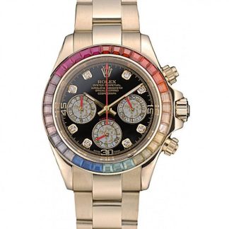 Réplique Rolex Daytona Cosmograph Lunette cristaux arc-en-ciel Bracelet or rose Cadran noir 80251