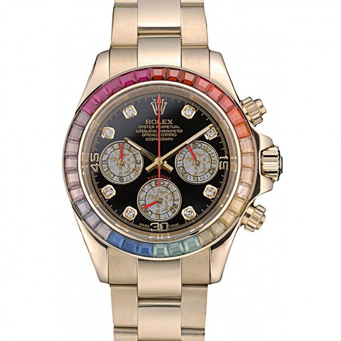 Réplique Rolex Daytona Cosmograph Lunette cristaux arc-en-ciel Bracelet or rose Cadran noir 80251