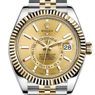 Réplique Rolex Sky Dweller Cadran Champagne Lunette Or Jaune Deux tons Jubilee 326933