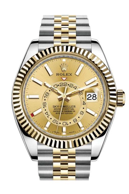 Réplique Rolex Sky Dweller Cadran Champagne Lunette Or Jaune Deux tons Jubilee 326933
