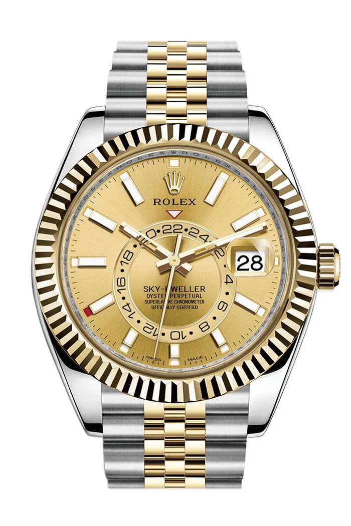 Réplique Rolex Sky Dweller Cadran Champagne Lunette Or Jaune Deux tons Jubilee 326933