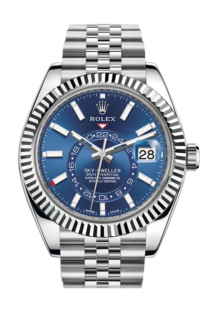 Réplique Rolex Sky Dweller Cadran bleu Lunette or blanc Acier Jubilee 326934